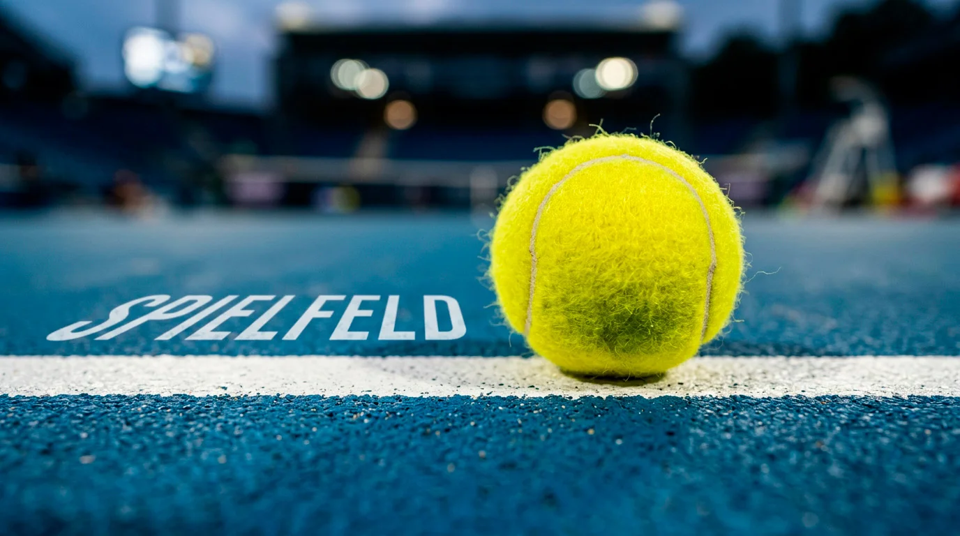 Tennisball auf Grand-Slam-Hartplatz neben der Grundlinie bei Flutlicht